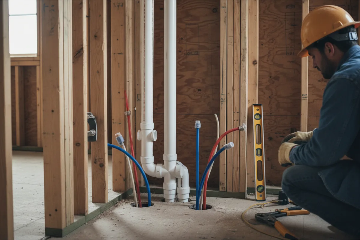 Drain and supply rough-in during Sump Pump Repair in Charlotte