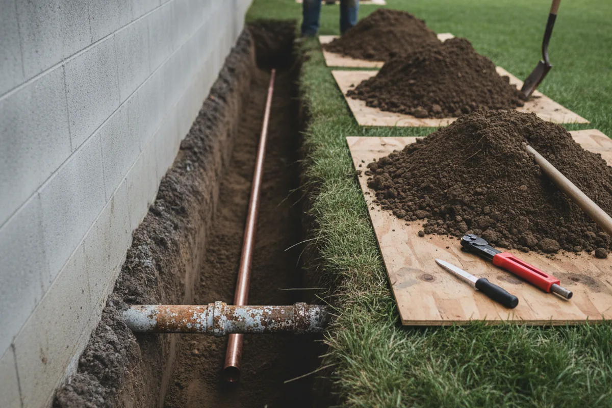 Excavated water line trench during Sewer Line Repair in Charlotte